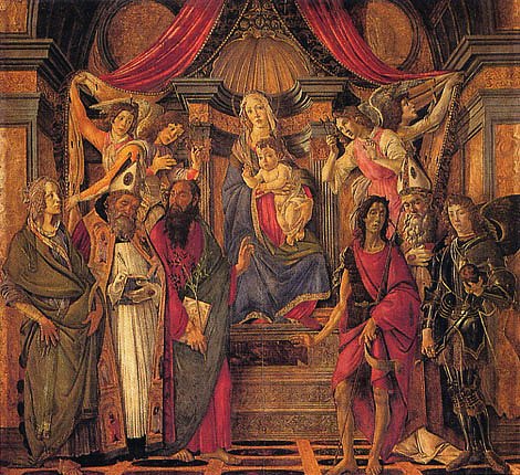 Botticelli Alessandro - 26.Virgen con el Nio, cuatro ngeles y seis santos Retablo de San Bernab, hacia 1487.jpg